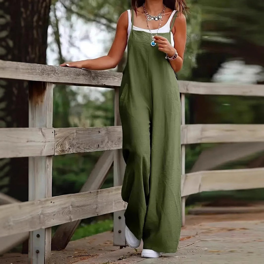Damen luftiger Jumpsuit mit praktischen Taschen und verstellbaren Trägern WW