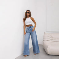Damen weite High-Waist Jeans mit Distressed-Details WW