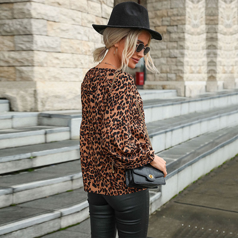 Damen Bluse mit einzigartigem Leopardenmuster und voluminösen Ärmeln WW