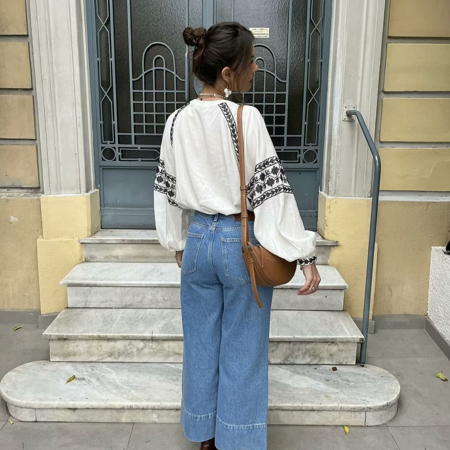 Damen bestickte Bluse mit modernen Puffärmeln und elegantem Stehkragen WW