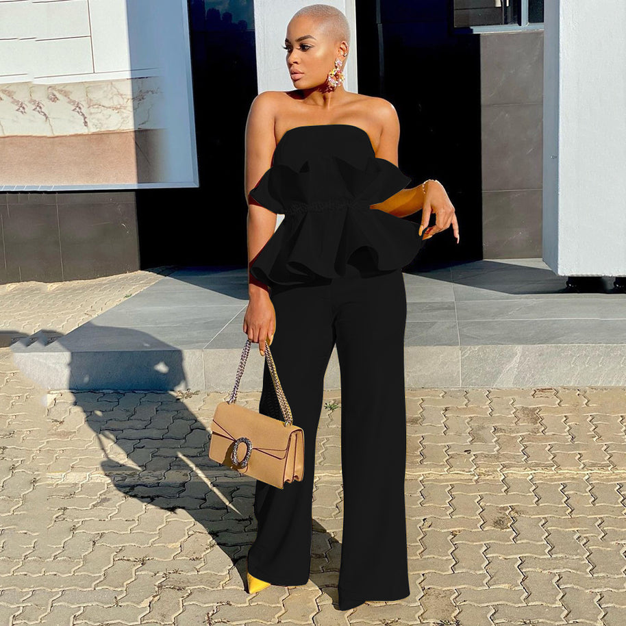 Damen Jumpsuit mit voluminösem Rüschendesign und schulterfreiem Oberteil WW