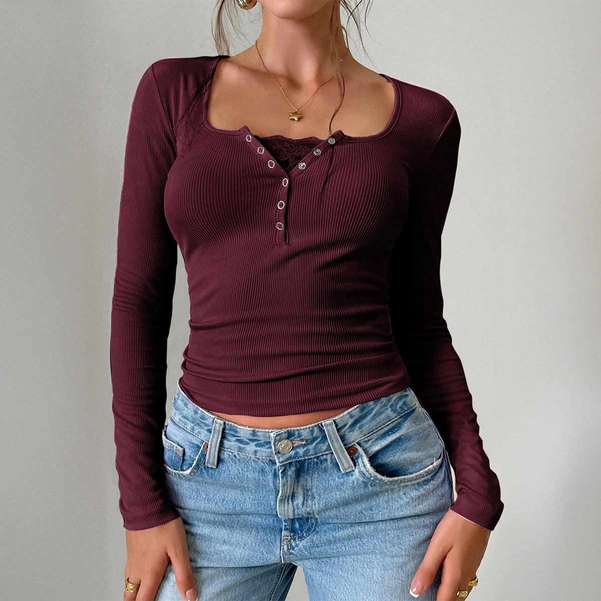 Damen Langarmshirt mit Knopfleiste und Rippstruktur WW