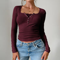 Damen Langarmshirt mit Knopfleiste und Rippstruktur WW