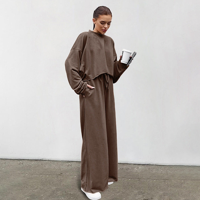 Damen Bequemes Cropped Sweatshirt und Weite Hose Set WW