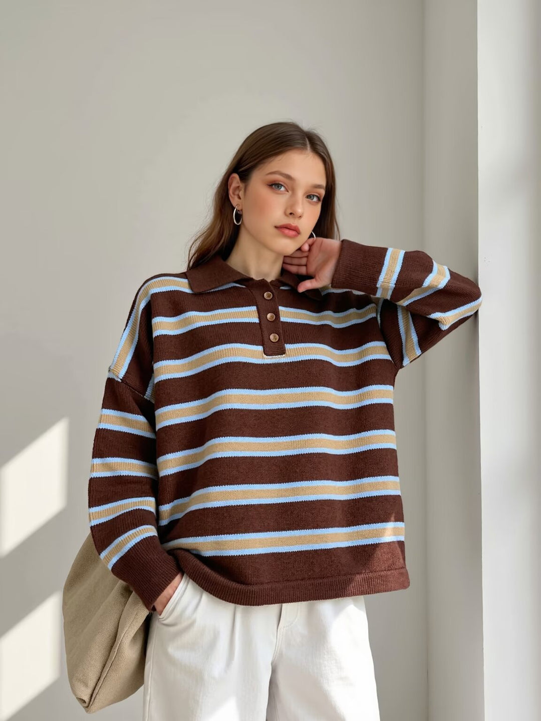Damen modischer Polo-Pullover mit gestreiftem Design und Knopfleiste W&W Mode