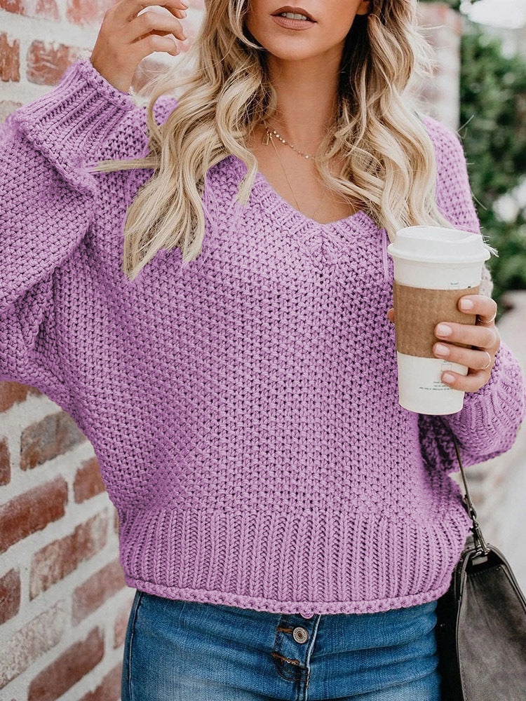 Damen Grobstrickpullover mit tiefem V-Ausschnitt und lockerer Passform WW