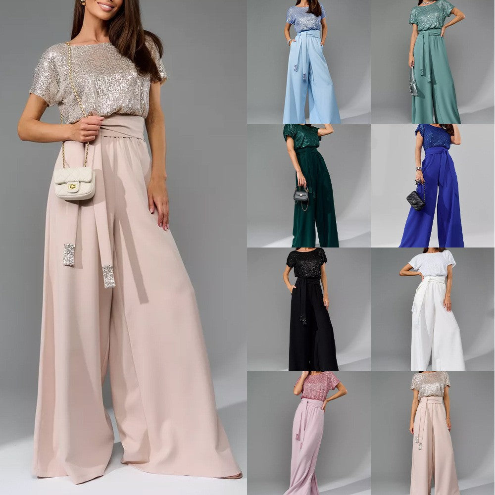 Damen Glamouröses Overalls mit glitzerndem Oberteil und weit geschnittenen Hosen WW