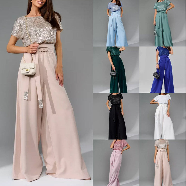 Damen Glamouröses Overalls mit glitzerndem Oberteil und weit geschnittenen Hosen W&W Mode
