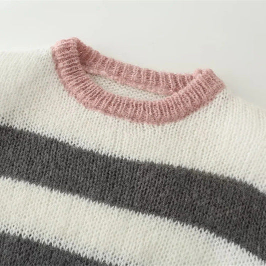 Damen Cropped Strickpullover mit maritimem Streifenmuster und Rundhalsausschnitt W&W Mode