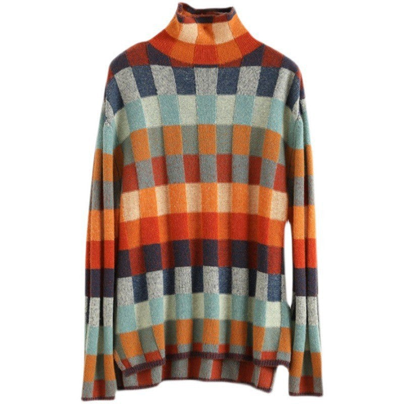 Damen Strickpullover mit modernem Karomuster und hohem Kragen WW