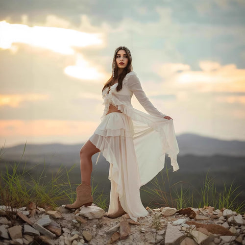 Damen romantisches Rüschenkleid mit langen Ärmeln WW