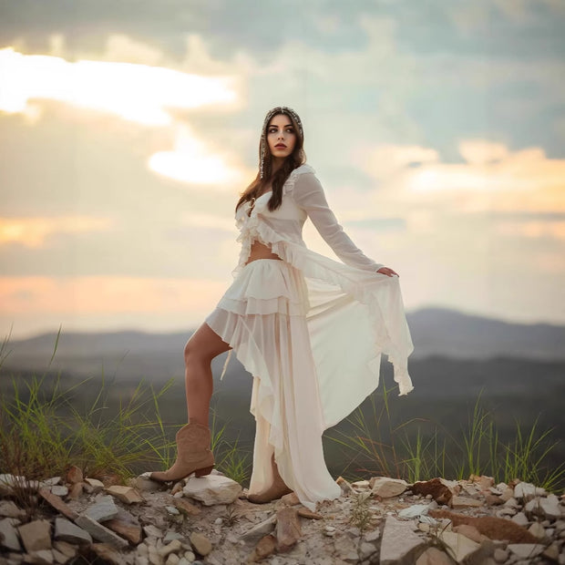 Damen romantisches Rüschenkleid mit langen Ärmeln WW