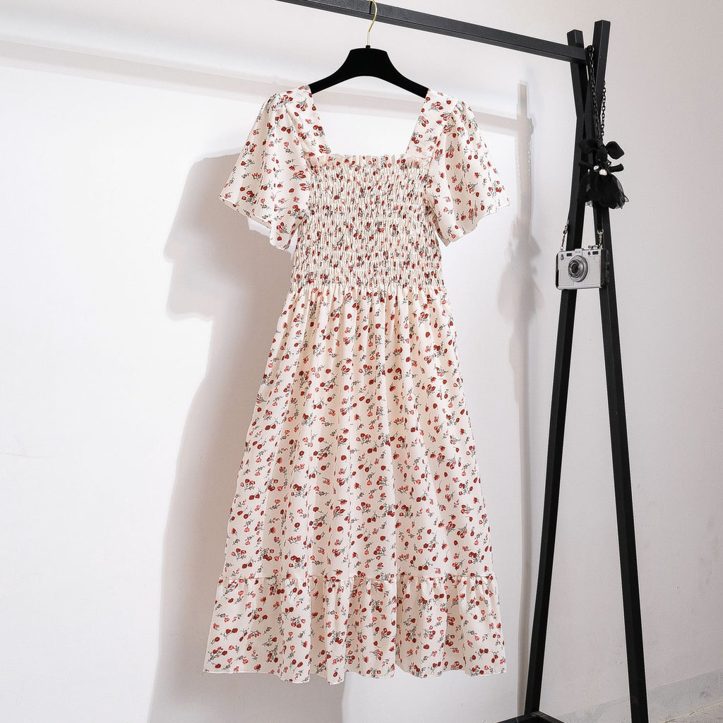 Damen Blumengemustertes Midikleid mit elastischer Taille und voluminösem Rock WW