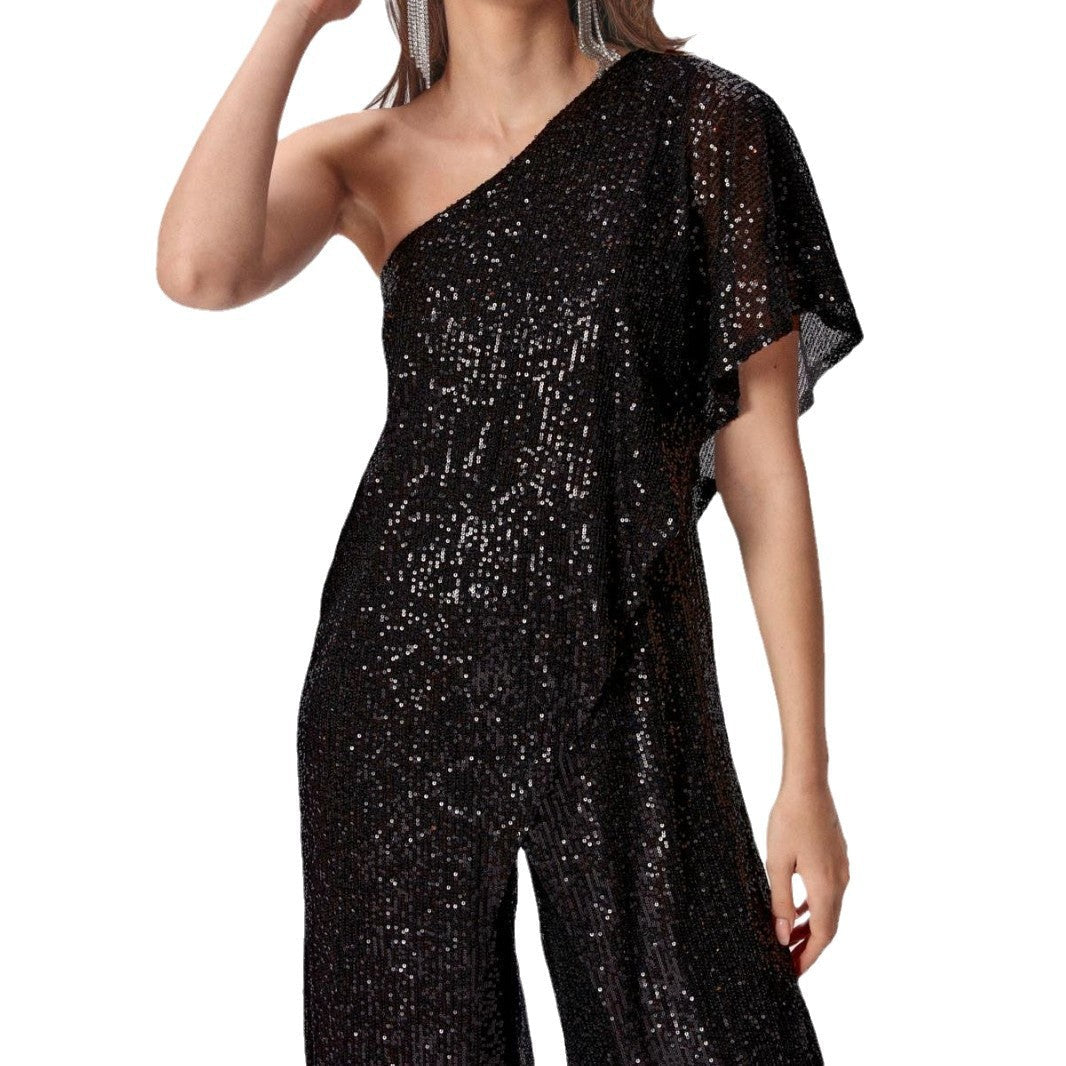 Damen Einseitiger Pailletten Jumpsuit mit weiter Hose W&W Mode