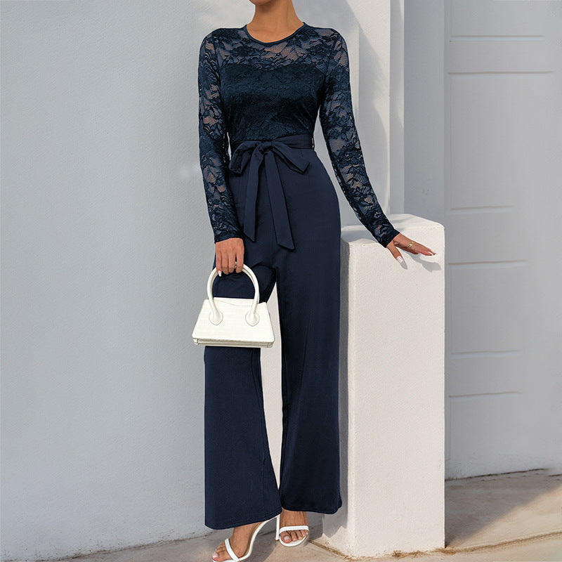 Damen Jumpsuit mit elegantem Spitzenoberteil und taillierbarem Gürtel W&W Mode