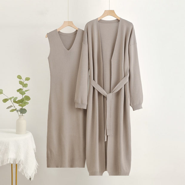 Damen 2-teiliges Kleid und Cardigan-Set mit V-Ausschnitt WW