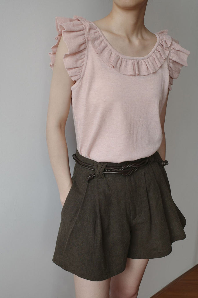 Damen kurze Leinenhose mit eleganter Faltenlegung und verstellbarem Taillengürtel WW