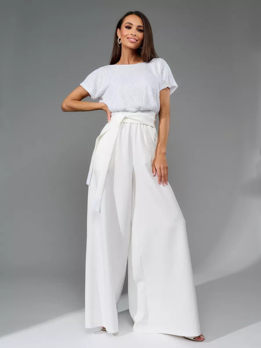 Damen Glamouröses Overalls mit glitzerndem Oberteil und weit geschnittenen Hosen W&W Mode