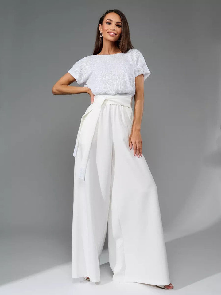 Damen Glamouröses Overalls mit glitzerndem Oberteil und weit geschnittenen Hosen W&W Mode