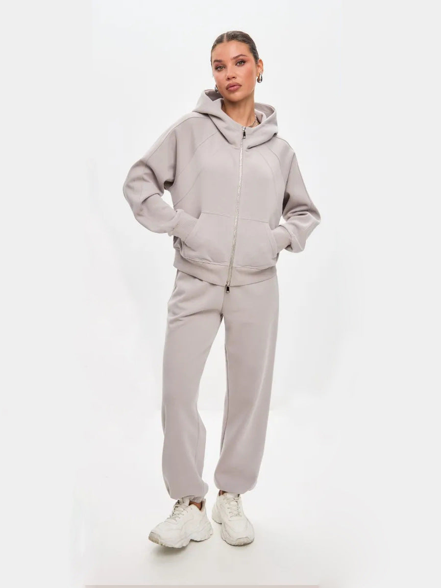 Damen sportliches Fleece-Hoodie-Set mit verschließbarem Reißverschluss WW