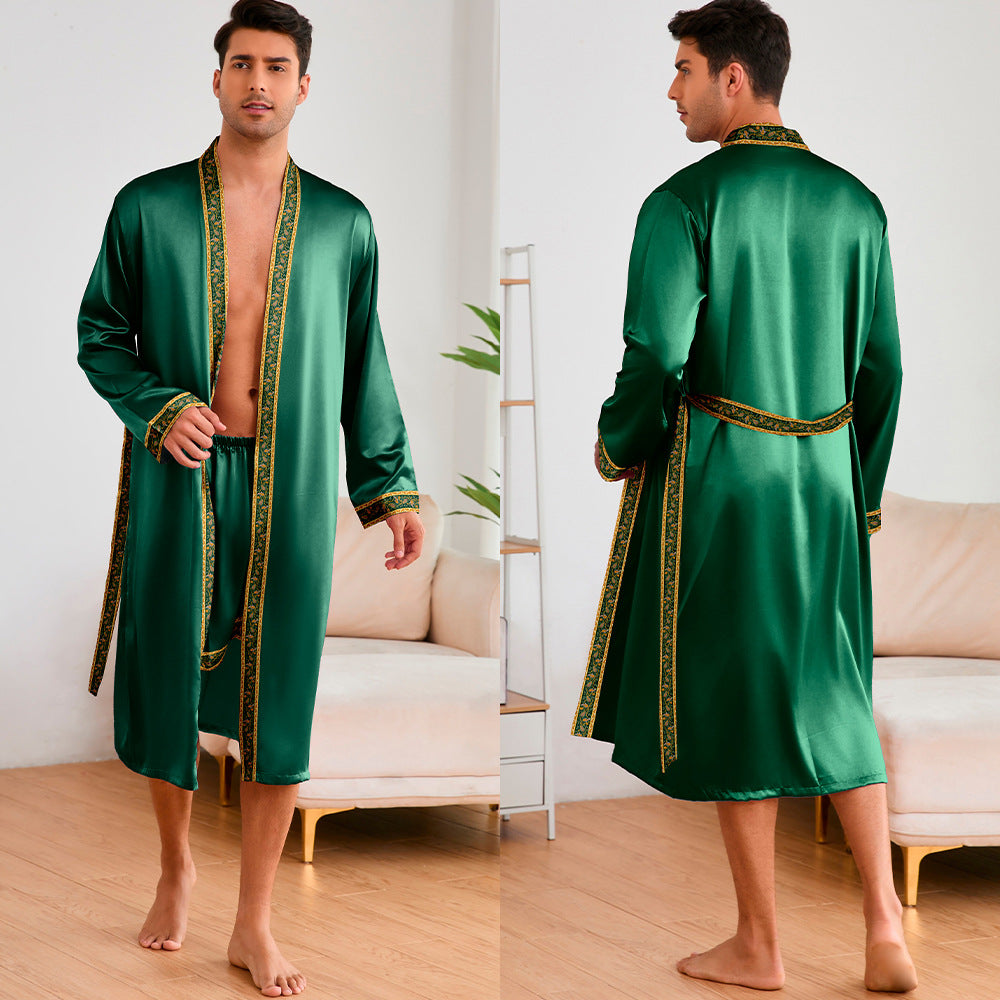 Herren Satin Morgenmantel mit stilvollem Schalkragen und seitlichen Taschen WW