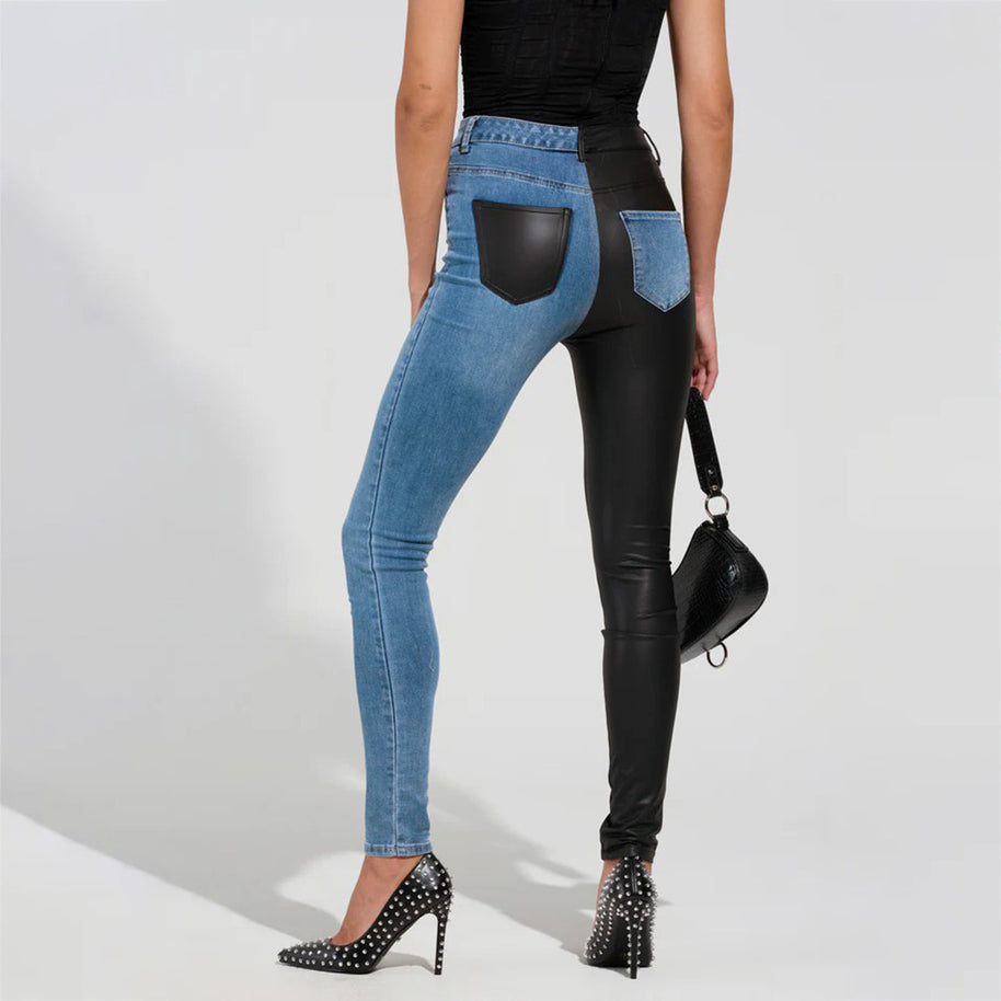 Damen Skinny Jeans mit kombiniertem Denim- und Leder-Look WW