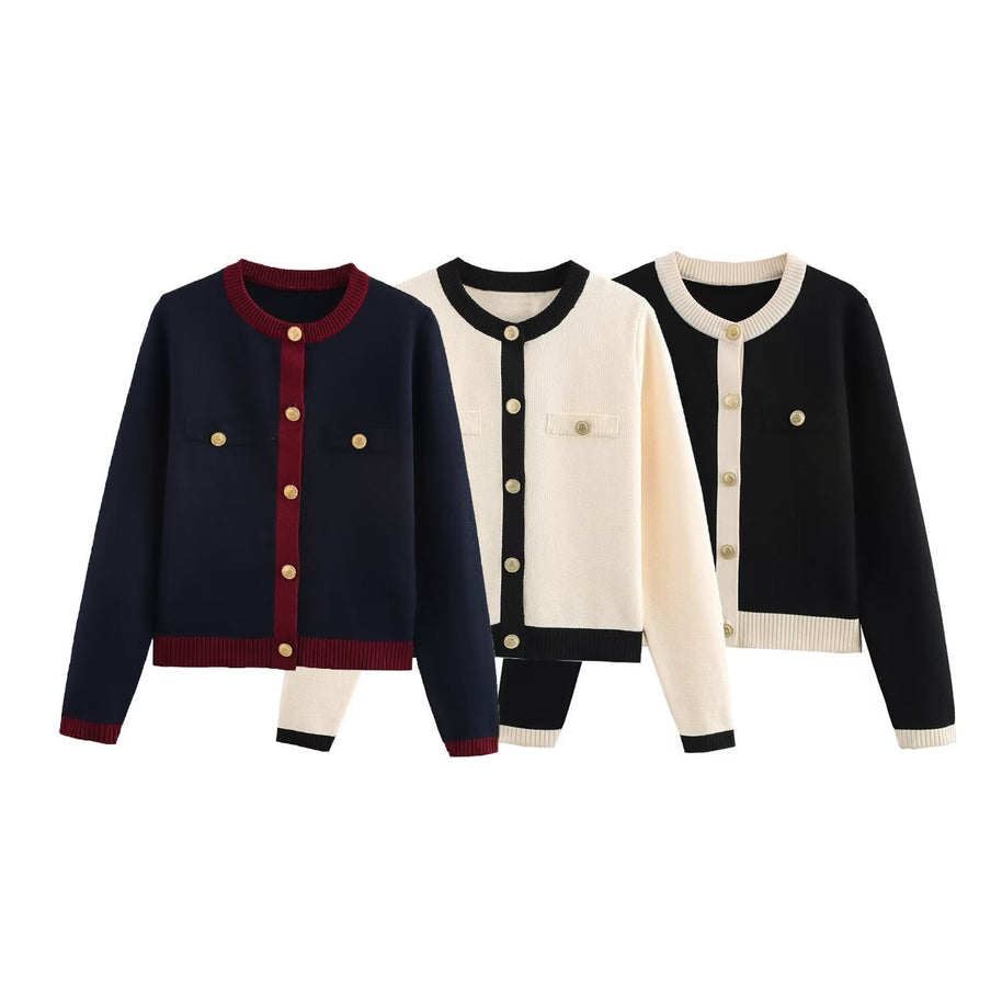 WW | Frühling Goldene Knopf Kontrast Strick Cardigan Top