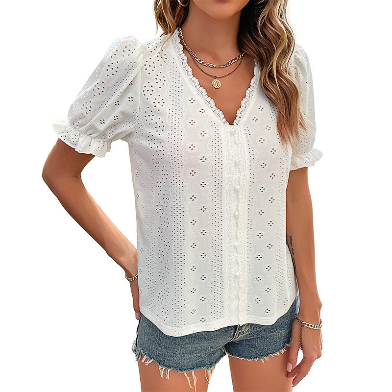 Damen Bluse mit eleganten Lochstickereien und femininen Puffärmeln WW