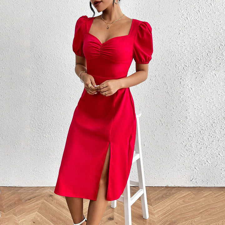 Damen Midi-Kleid mit Puffärmeln und raffiniertem Rüschendetail W&W Mode