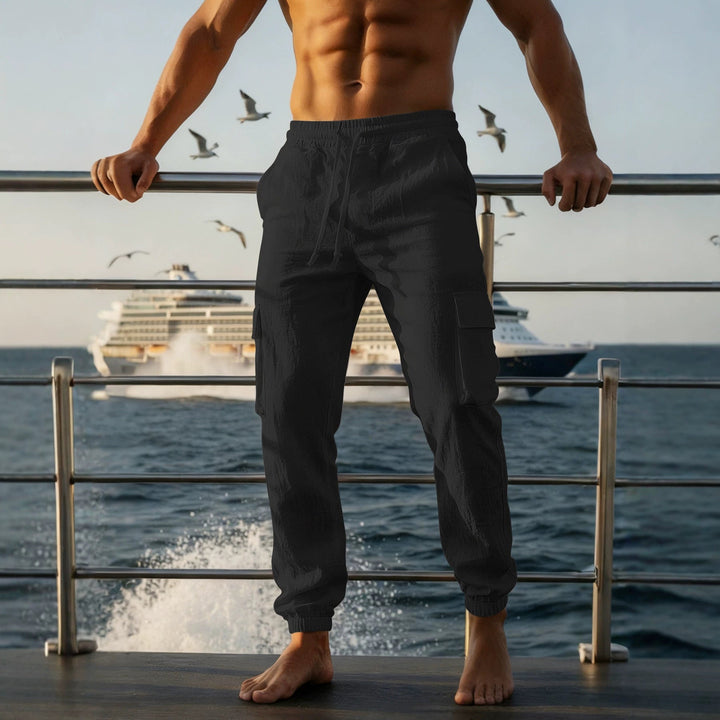 Herren nan sommerliche Leinen-Cargo-Jogginghose mit elastischem Tunnelzugbund und aufgesetzten Klappentaschen W&W Mode