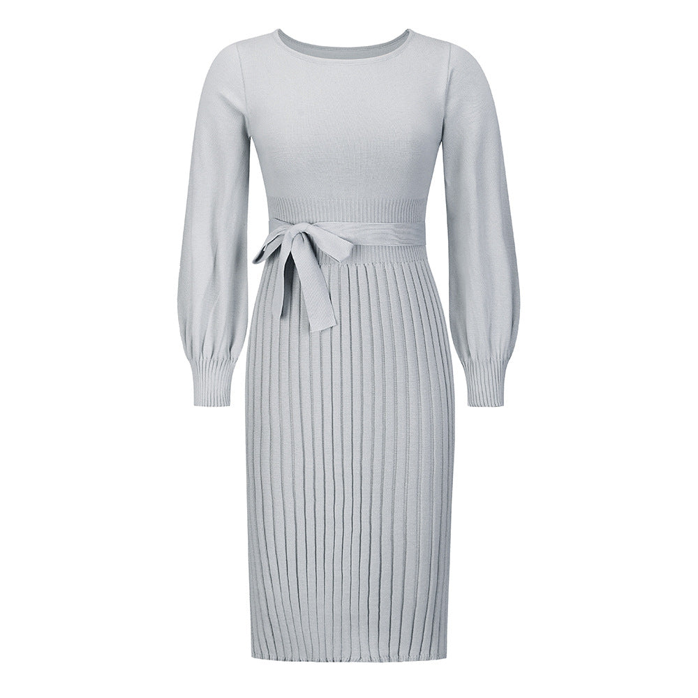 Damen Strickkleid mit taillierbarem Gürtel und langen Ärmeln WW