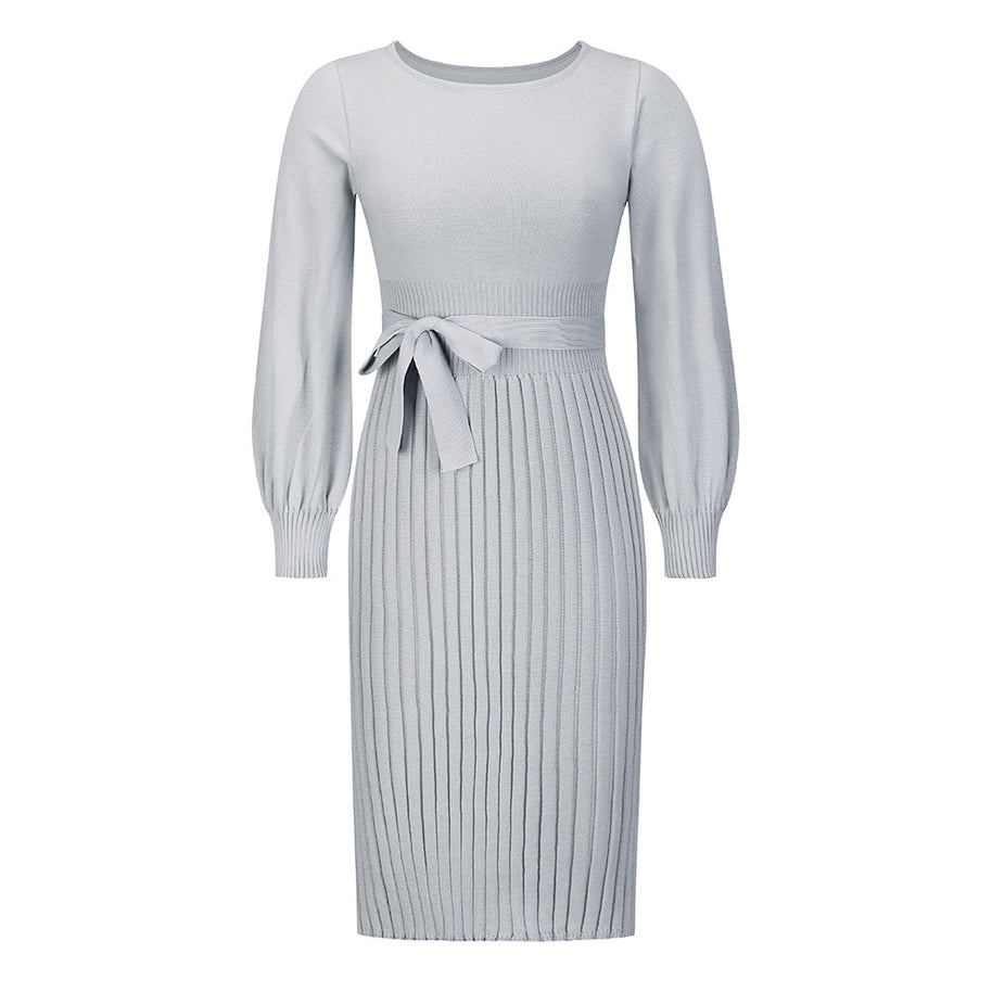 Damen Strickkleid mit taillierbarem Gürtel und langen Ärmeln WW