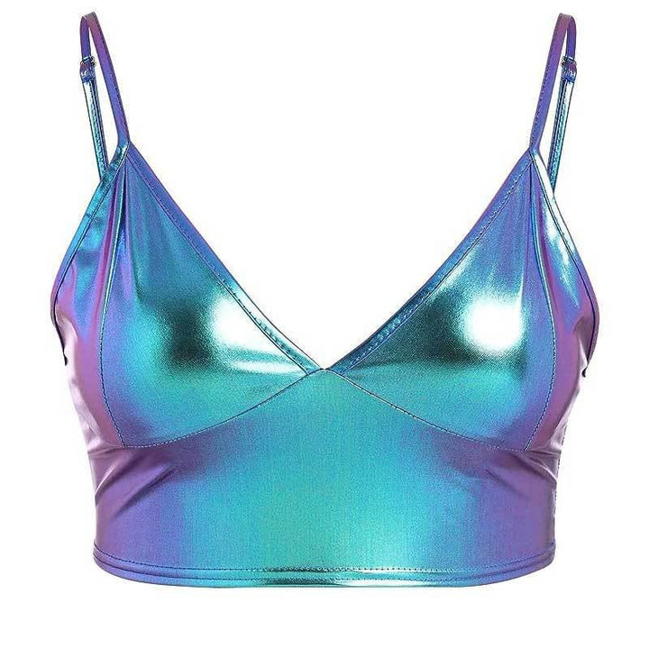 Damen Crop-Top mit glänzender Metalloptik und verstellbaren Trägern W&W Mode