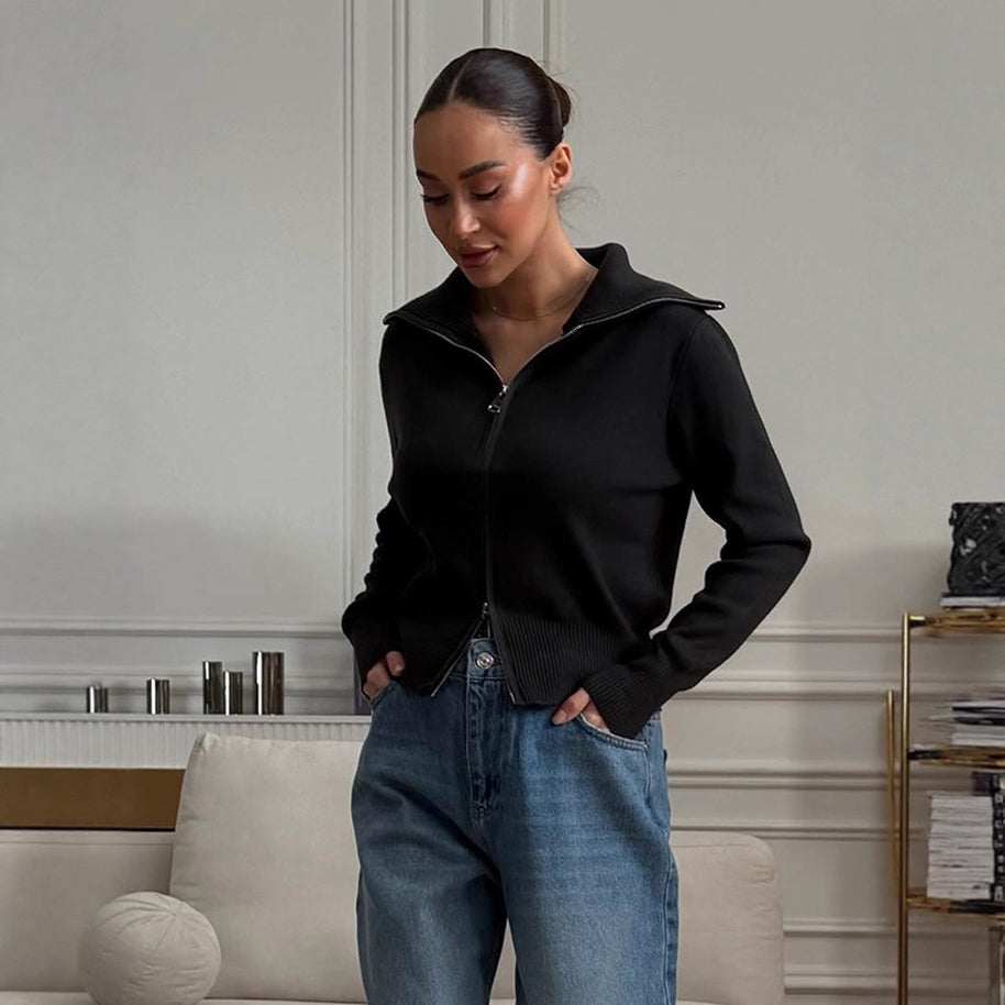 Damen bequeme Strickjacke mit Reißverschluss WW