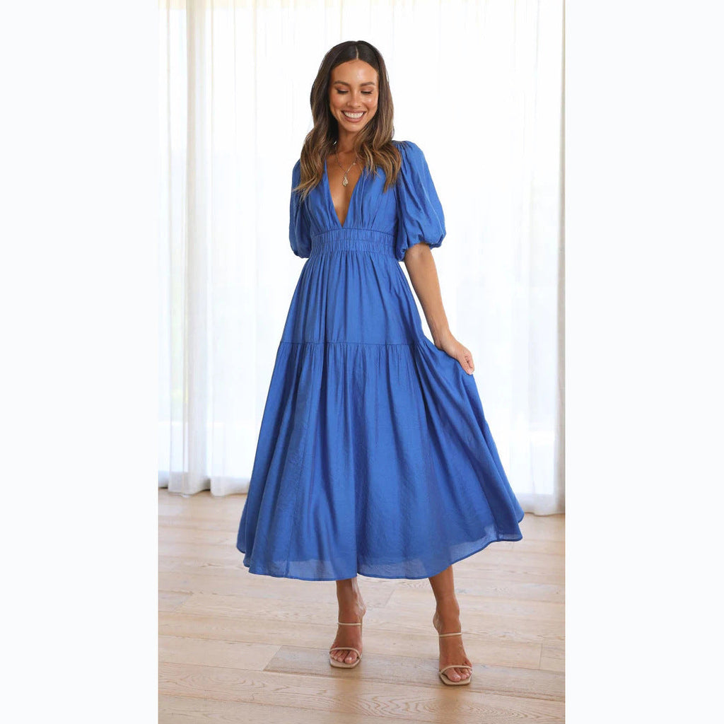 WW | Lässige Trends Sommer V-Ausschnitt Figurbetont Taillenkleid Midilänge