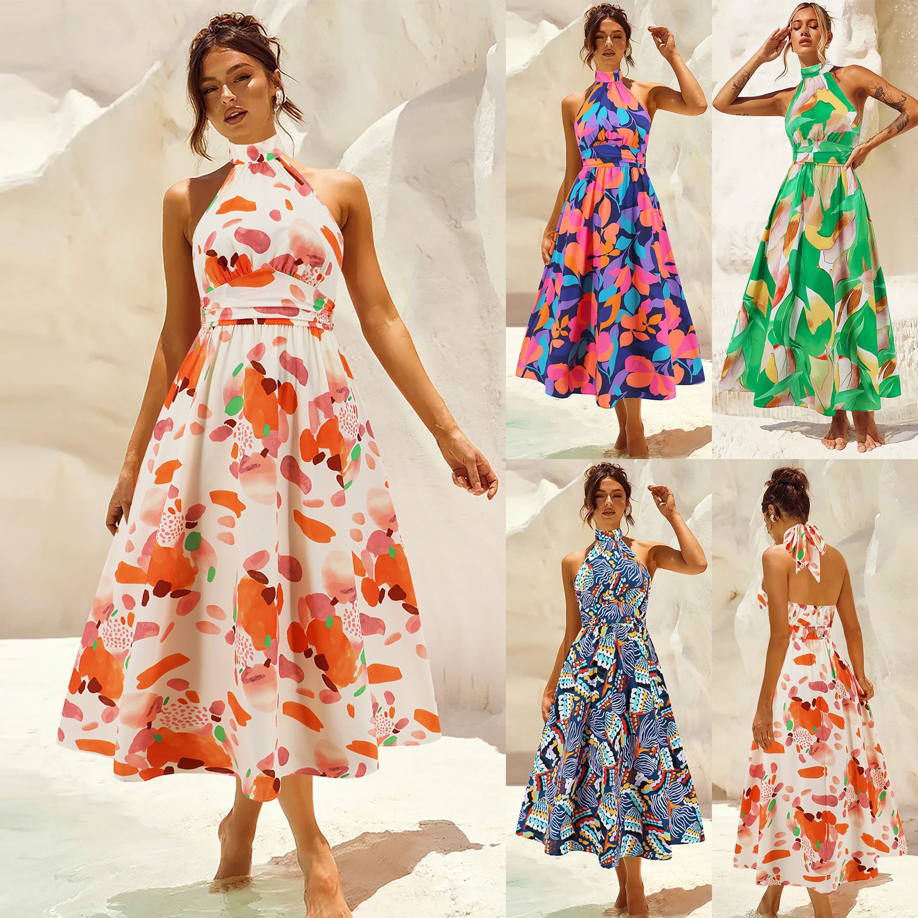 Damen Maxikleid mit hochgeschlossenem Kragen und buntem Blätterdruck WW