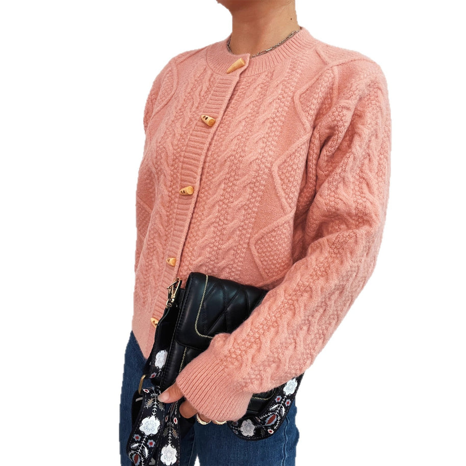 Damen Strickjacke mit dekorativen Knöpfen und strukturierter Webart WW