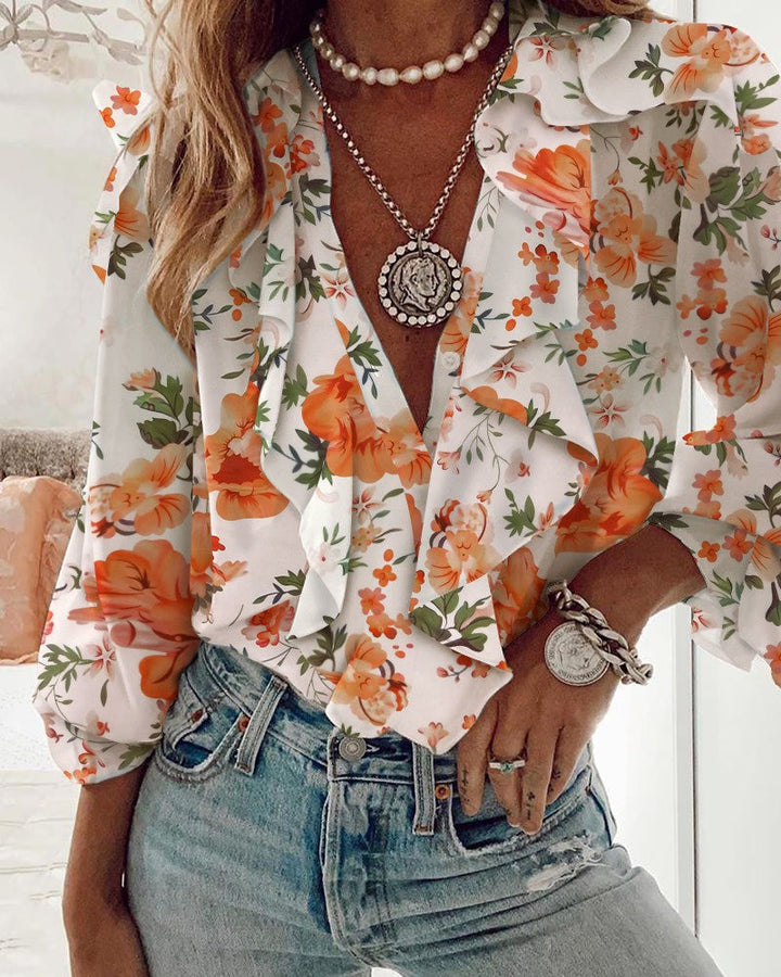 W&W Mode | Chiffon V-Ausschnitt Langarmshirt
