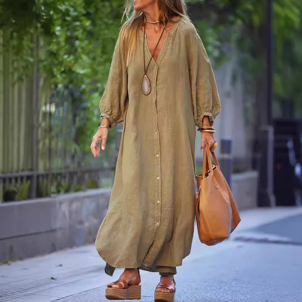 Damen Maxikleid mit Knöpfen und eleganten Ärmeln WW