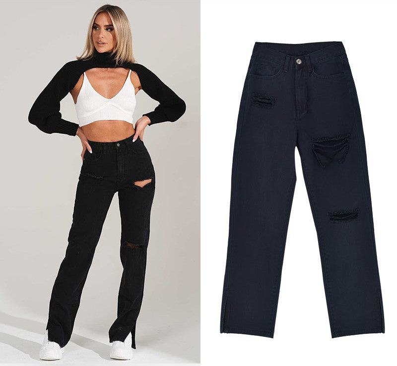 Damen lässige Ripped Jeans mit hoher Taille und modernen Fransen WW