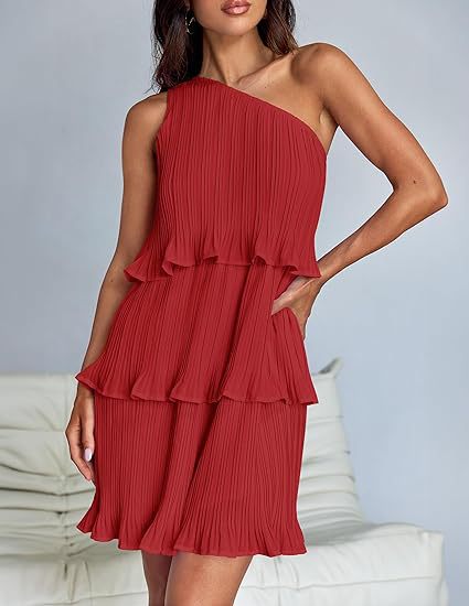 Damen asymmetrisches Plisseekleid mit Rüschendetails und eleganter A-Linie WW