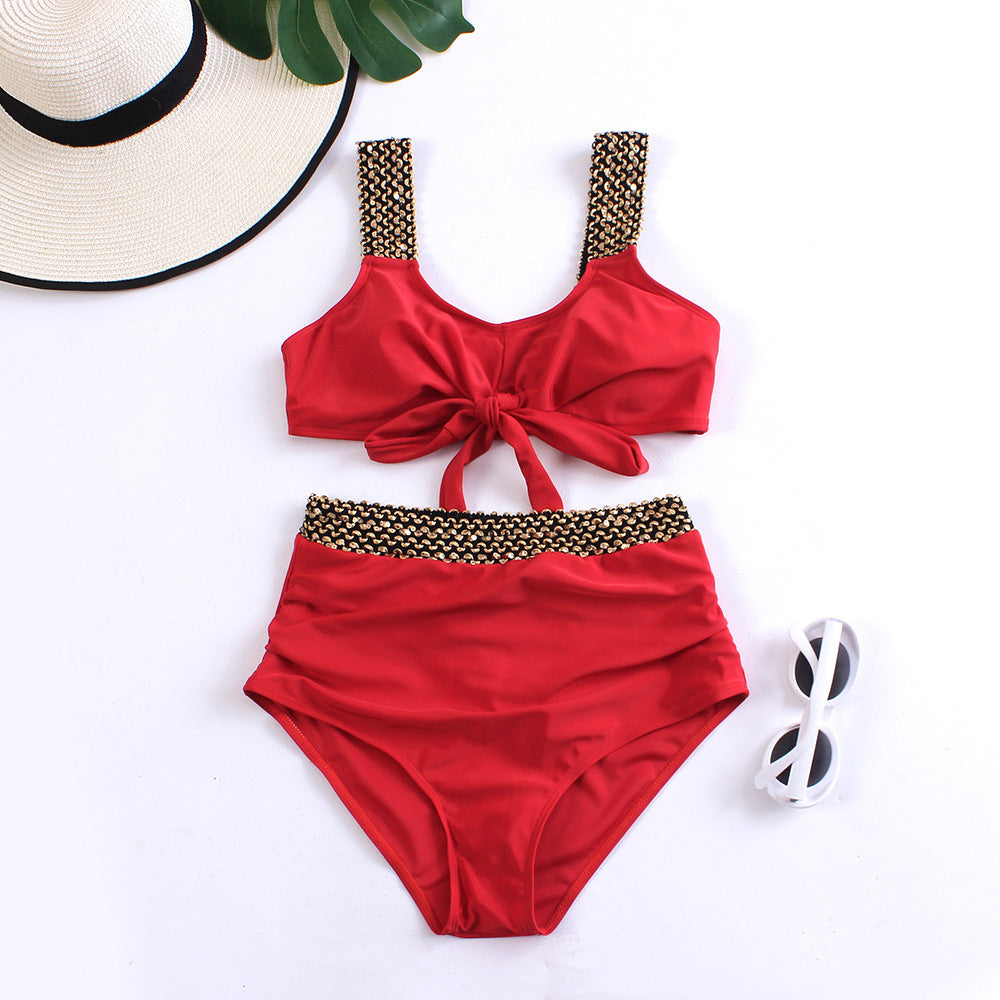 Damen Hochgeschnittener Bikini mit verspieltem Knoten-Design und glamourösen Akzenten WW
