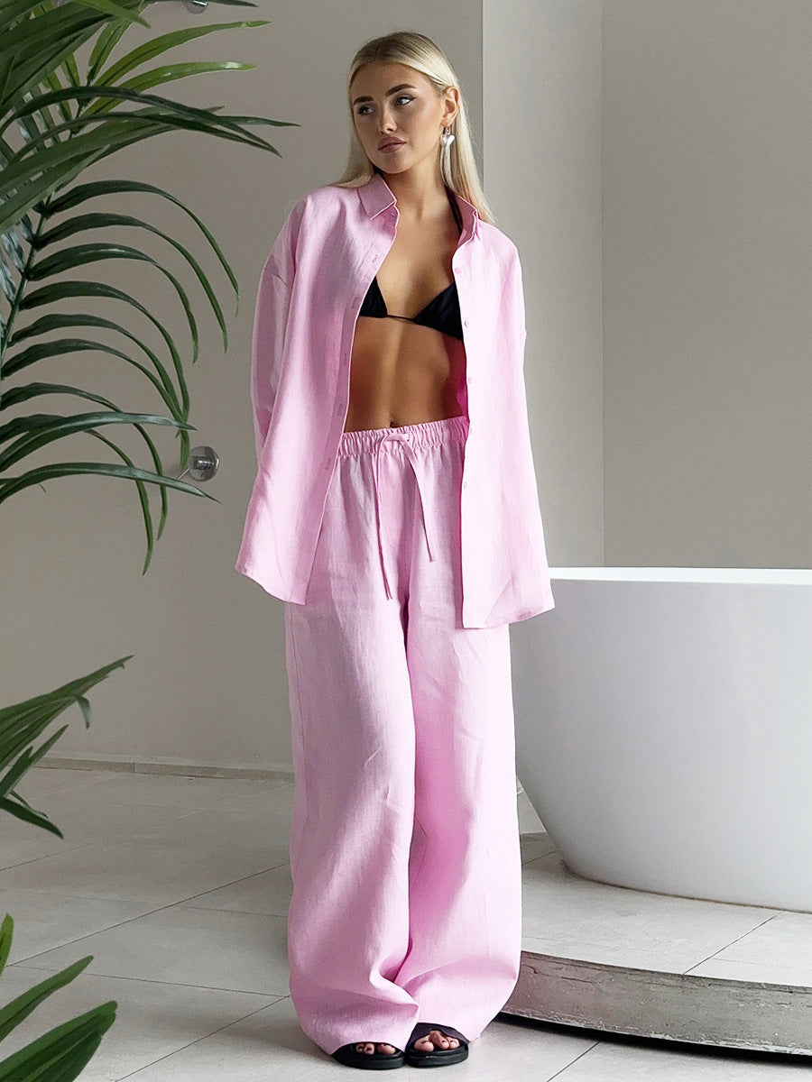 Damen luftiges Leinen-Set mit lässigem Schnitt und breiten Beinen W&W Mode