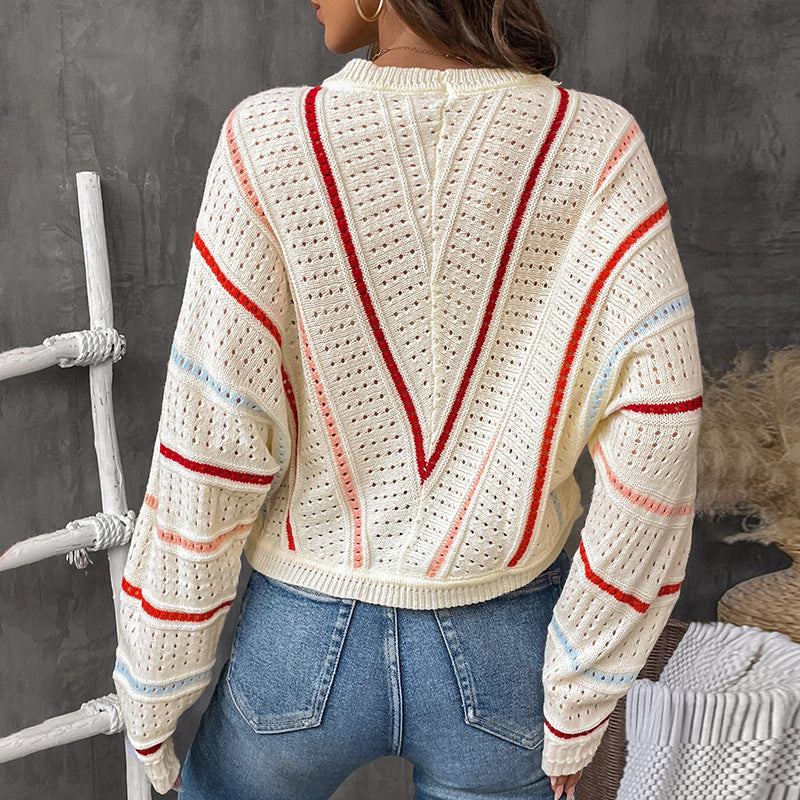 Damen Strickpullover mit modernem Lochmuster und dekorativen Streifen WW