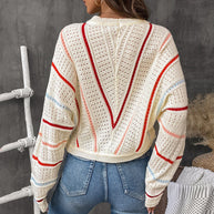 Damen Strickpullover mit modernem Lochmuster und dekorativen Streifen WW
