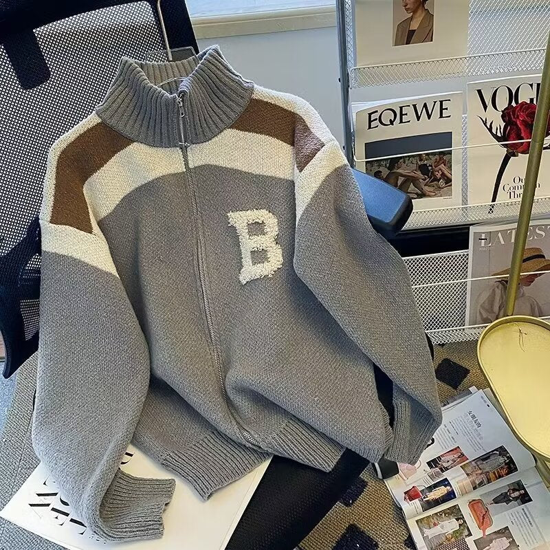 Damen Sportlicher Stehkragen-Strickpullover mit Reißverschluss und kontrastierenden Details WW