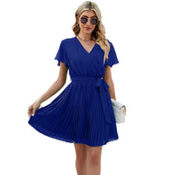 WW Damen V-Ausschnitt Plissee Rock Schnürung Chiffon Kurzarm Kleid
