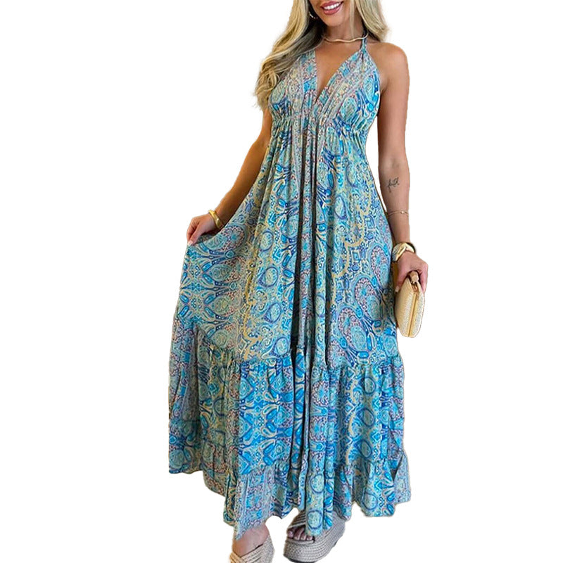 Damen Maxikleid im verspielten Boho-Stil mit tiefem V-Ausschnitt und schwingendem Rock W&W Mode