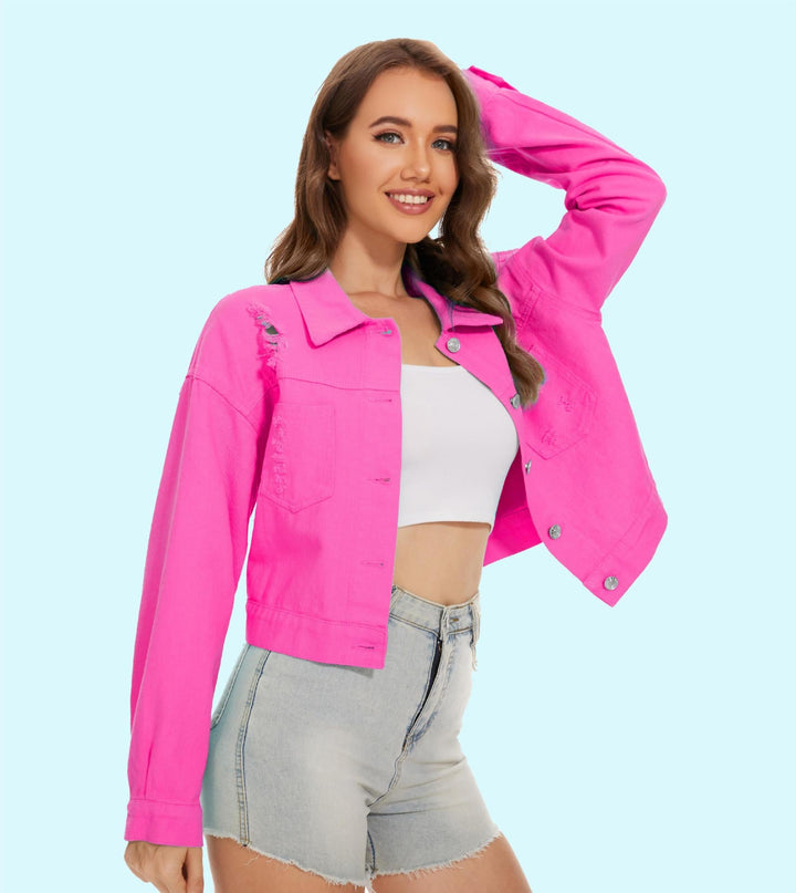 Damen Jeansjacke im lässigen Crop-Style mit fransigen Details W&W Mode