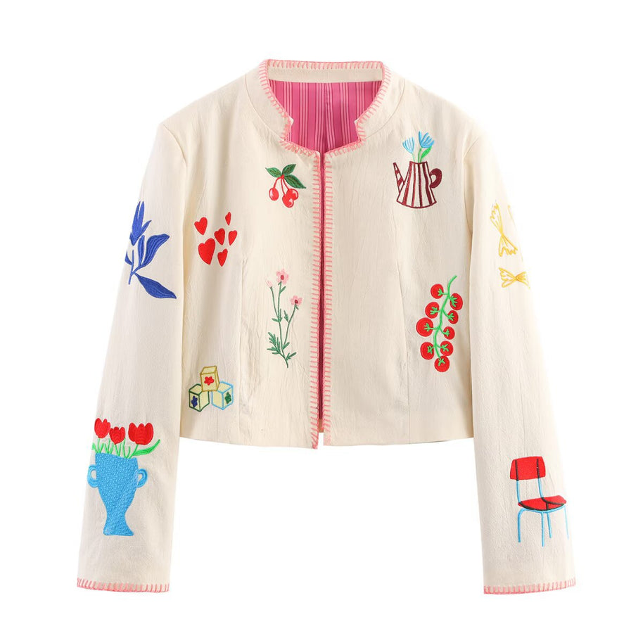 Damen bestickte Kunstlederjacke mit floralem Design WW